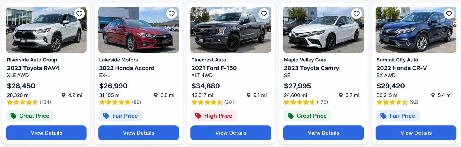 A row of near-identical used-car listing cards from five different dealers, each with a price tag and a View Details button