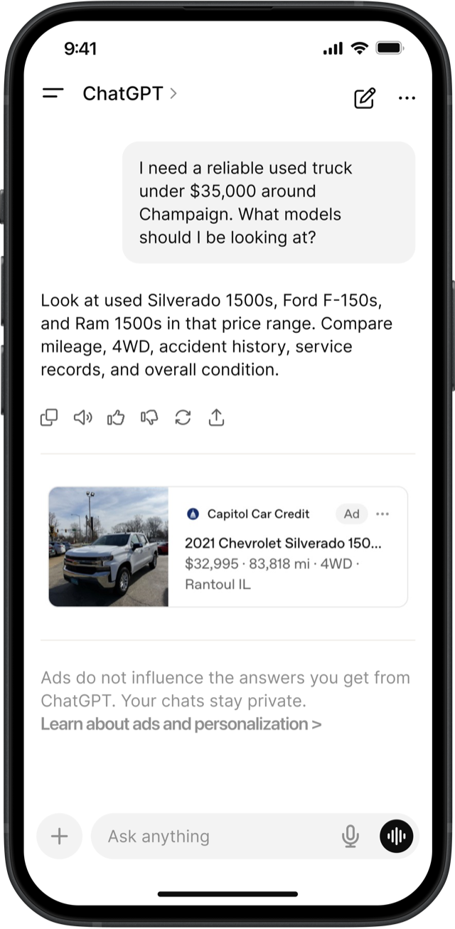 Illustration of a ChatGPT conversation about used trucks near Champaign, with a separate Capitol Car Credit ad labeled Ad for a 2021 Chevrolet Silverado below the answer