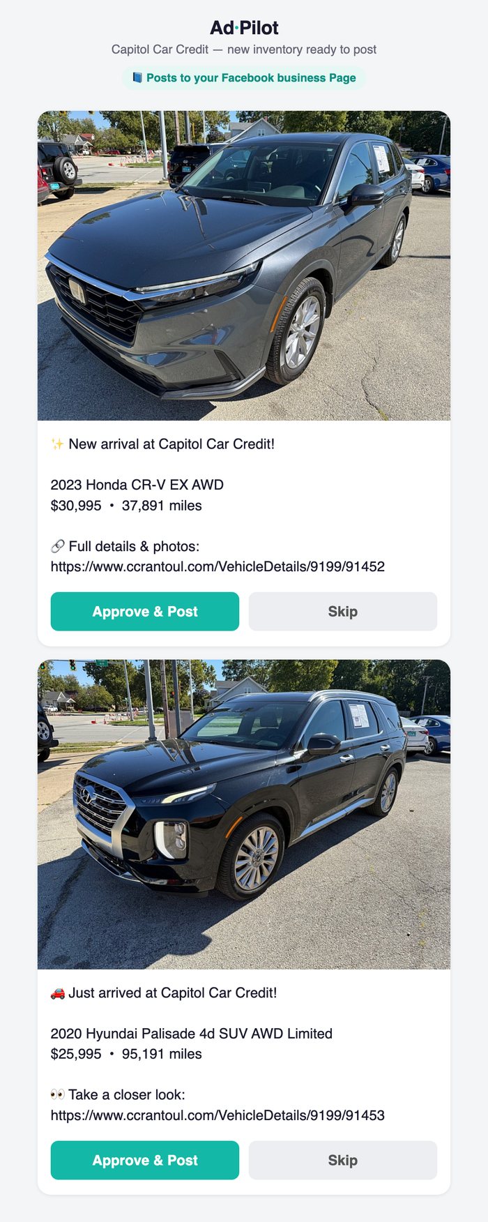 The review page the text opens: two new Capitol Car Credit vehicles, each with its photo, a ready-to-post caption, and Approve & Post or Skip buttons